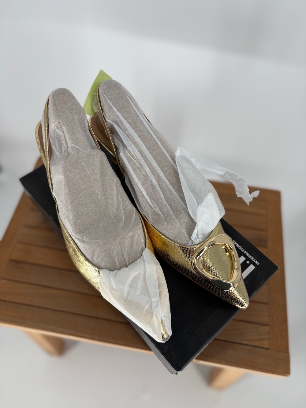 New INC Women’s Gold Pointed Toe Slingback Flats with Decorative Buckle size 10M